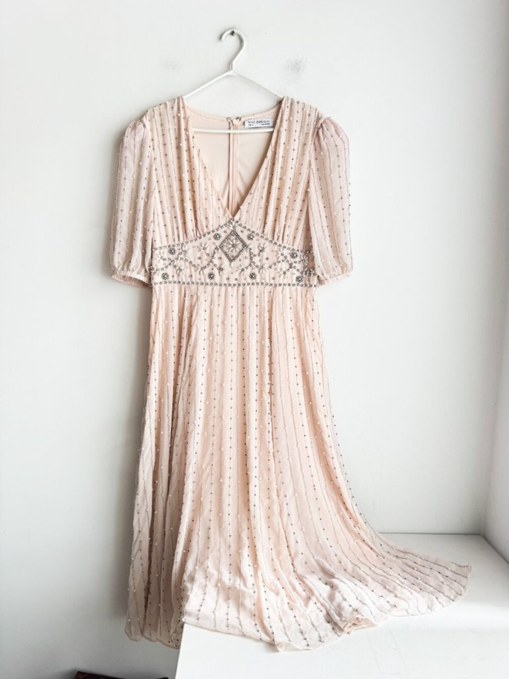 Mac Duggal Blush Ivory Pink Beaded Midi Dress Empire Waist 12 NWT - Picture 2 of 5